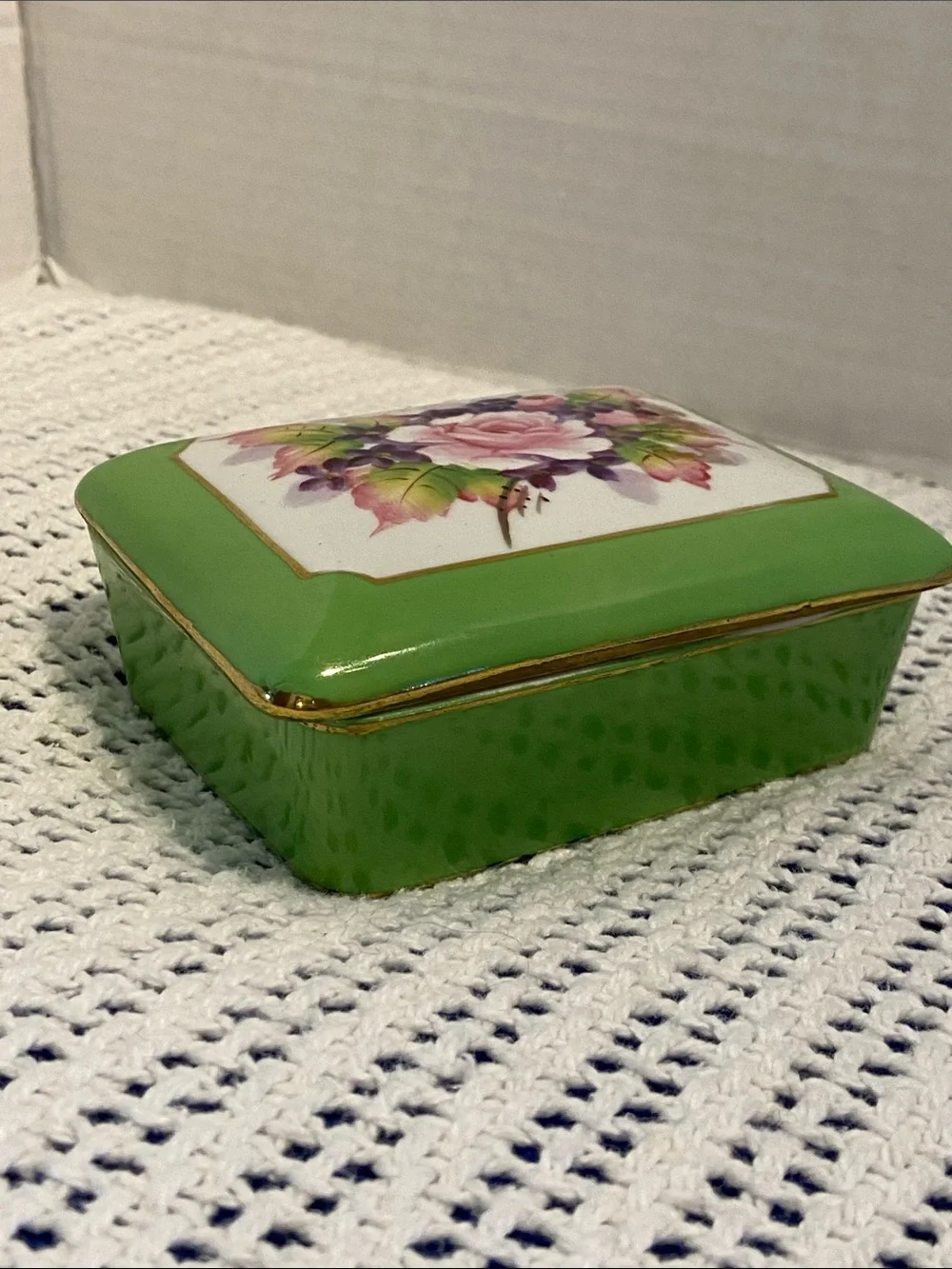 Handpainted Narco Imperial China from Japan Porcelain Green Floral Trinket Box
